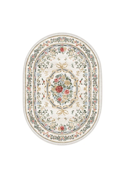 Oval Vintage Gül Desenli Krem Kilim Fransız Klasik Şık Salon Oturma Odası Halısı Krem Krem
