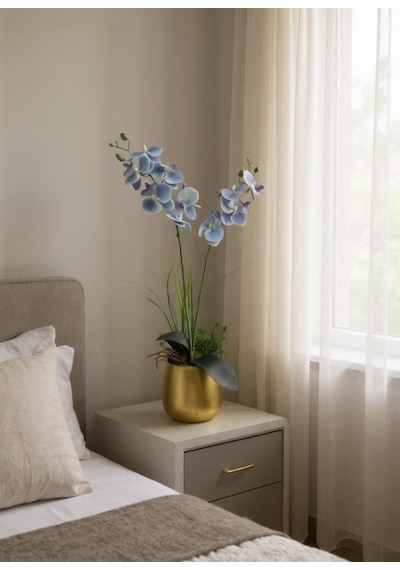 Yapay Çiçek Mavi Islak Orkide Gold Metal Saksıda Saksıda Orkide 50cm