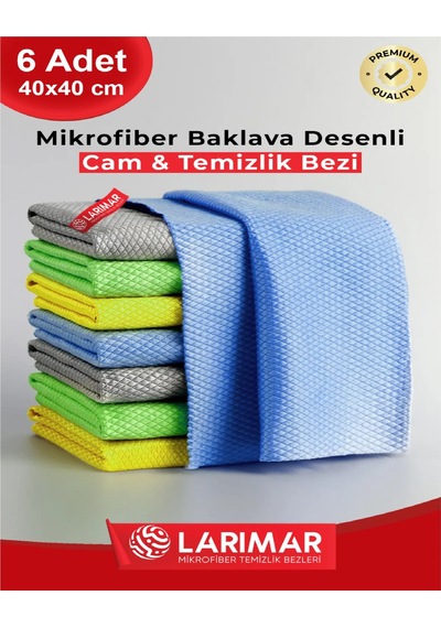 Larimar Mikrofiber Baklava Desenli Cam ve Temizlik Bezi 6'lı 40 x 40 CM