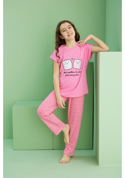 Siyah İnci Pamuklu Bisiklet Yaka Örme Pijama Takım25117079 Pembe