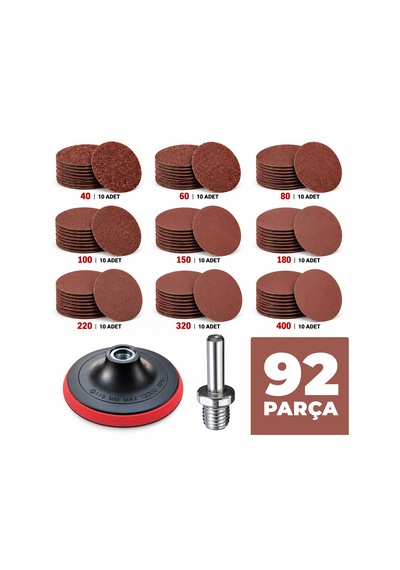 Cırt Zımpara Seti 115 Mm 92 Parça 90 Adet Farklı Kum Zımpara Matkap Aparatı + Zımpara Tabanı
