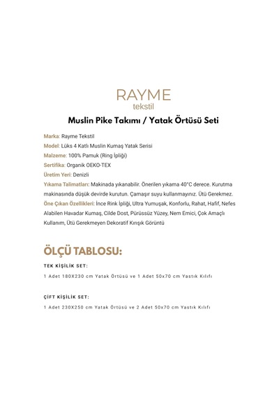 Rayme Tekstıl Müslin Yatak Örtüsü Seti Tek Kişilik, Şık Düz Renk 100% Pamuk 4 Kat Muslin Yastık Kılıflı Pike Diğer