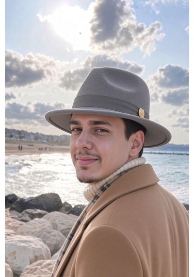 Mollycrush Erkek Kışlık Klasik Gri Fötr Şapka Şeritli Geniş Siperli Keçe Fedora Modeli Gri