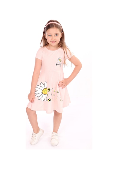 Toontoy Kız Çocuk Göğsü Ve Etek Kısmı Daisy Yazılı Arı Baskılı Elbise Pudra