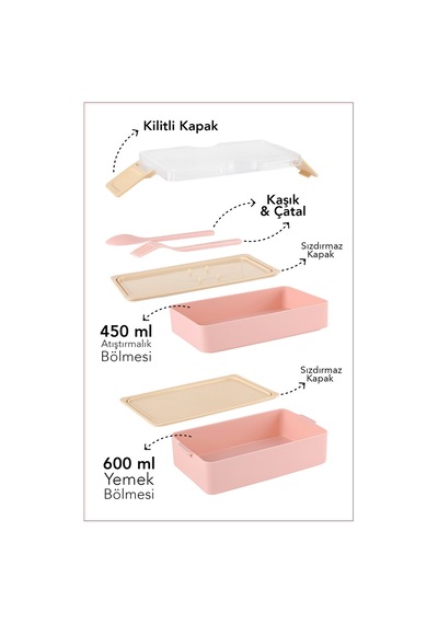 2 Katlı Kilitli Beslenme Kabı - Kendinden Çatal Kaşıklı Lunch Box Beslenme Kutusu Saklama Kabı Pembe Pembe