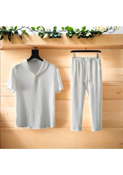 Fifty Color Unisex Kadın/erkek Özel Bürümcük Krinkıl Kumaş Yazlık Likralı Kısa Kol Tişört Eşofman Elbise Takım Beyaz