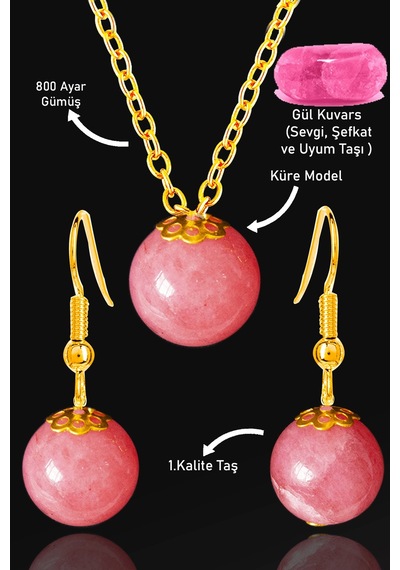 Sertifikalı Gold Küre Model Rose Kuvars Taşı Kolye Ve Küpe Seti - Çok Renkli