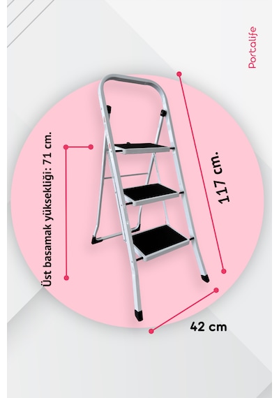 Portalife 3 Basamaklı Beyaz Çelik Şık Merdiven 101-150cm Arası