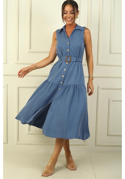 By Saygı Önü Düğmeli Beli Kuşaklı Uzun Elbise-38571-indigo İndigo