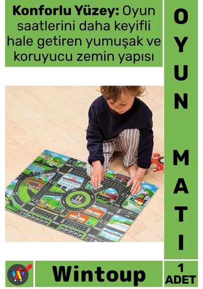 Oyunmatı Eğitici Katlanabilir Kaymaz Şık Dekoratif Araba Yolu Çocuk Oyun Matı Mutlu Şehir Hayatı