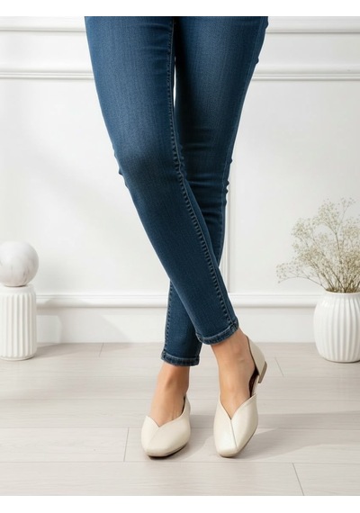 Dabab Shoes Dante Kadın Bej Kırışık Rugan Kare Burun Düz Taban Günlük Casual Babet Ayakkabı