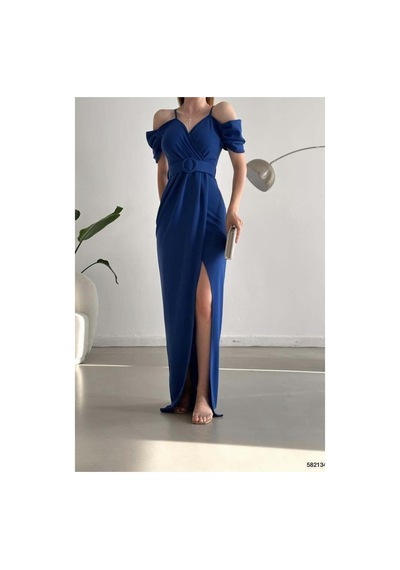 DefyModa Kadın Minimal Krep Kumaş V Yaka Yırtmaçlı Abiye Elbise Saks