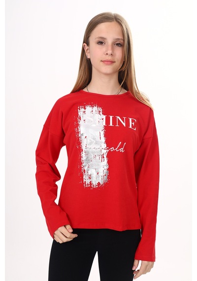 Toontoy Kız Çocuk Sweatshirt Shine Varak Baskılı Kırmızı