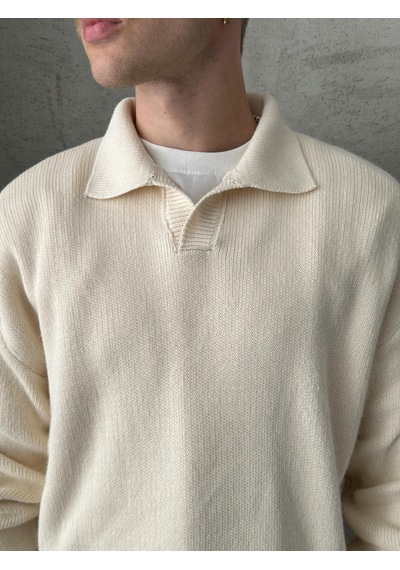 Erkek Polo Yaka Örme Oversize Kazak Krem