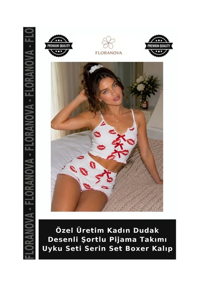 Floranova Özel Üretim Kadın Dudak Desenli Şortlu Pijama Takımı Uyku Seti Serin Set Boxer Kalıp Beyaz