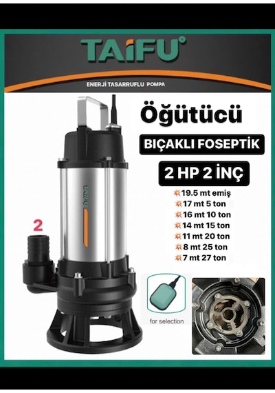 Taifu 2 Hp 220v Çelik Öğütücülü Bıçaklı Pis Su Dalgıç Pompa