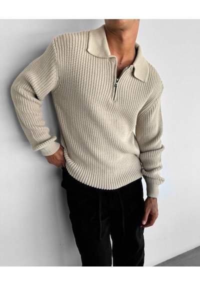 Oversize Tüylenmez Naturel Pamuk Fermuarlı Polo Yaka Triko Kazak Şık Ve Konforlu Polo Yaka Tasarım Açık Bej Oversize Tüylenmez Naturel Pamuk Fermuarlı Polo Yaka Triko Kazak Şık Ve Konforlu Polo Yaka Tasarım Açık Bej