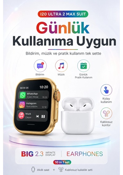 2.3 İnç Geniş Ekranlı Akıllı Saat Ve Kablosuz Kulaklık 10 Parça Aksesuar Seti