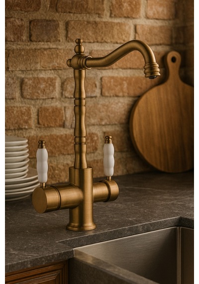 Rena Design Rustik Mat Gold Aritmali 3 Yollu Mutfak Evye Batarya Prinçlüks Musluk Garanti Porselen Kol Armatür