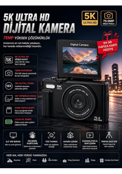 5k 75mp Hd Dijital Kamera 18x Dijital Zoom, Flaşlı,3.0 İnç Ekranlı Fotoğraf Makinesi Çok Renkli