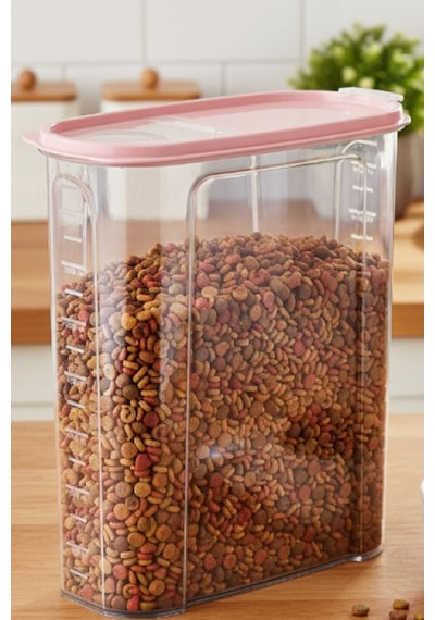 Şeffaf Erzak Saklama Kabı 1.7 Lt - Pembe Kapaklı Kedi Köpek Maması Saklama Kutusu Bakliyat Kovası Şeffaf