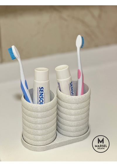 Modern Banyo Düzenleyici V2 - Diş Fırçalık Seti - İkili Set - Mermer Beyaz 10cm Mermer