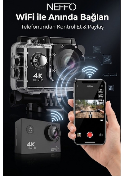 Aksiyon Kamera 4k Ultra Hd 170 Derece Çekim Wifi Bağlantılı 4k 30 Fps 16 Mp Siyah