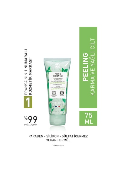 Yves Rocher Pure Menthe Karma ve Yağlı Ciltler İçin Prebiyotik Yüz Peeling 75 ML