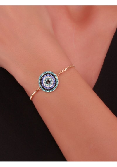 Desingshop Nazar Boncuklu Taşlı Gold Renk Bileklik Altın
