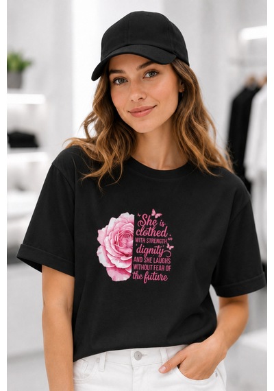 Bayloranzzo Rose Art %100 Pamuk Heavy Cotton Premium Kalite Kadın Tişört Siyah