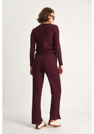 Shade Kadın Yanları Bağlamalı Crop Beli Lastikli Yüksek Bel Pantolonlu Bürümcük Takım 8075 60284110 - Mürdüm