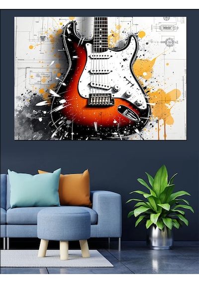 Soyut Renk Sıçramalı Elektro Gitar Dekoratif Kanvas - Mdf Ahşap Tablo