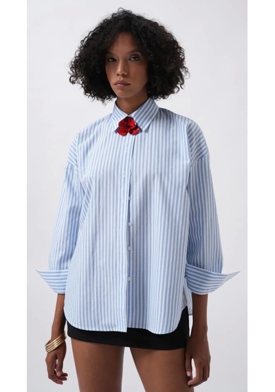 Defymoda Çizgili Detay Oversize Gömlek Mavi