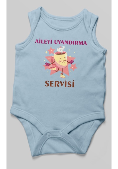 Aileyi Uyandırma Servisi Baskılı Bebek Zıbını Çıtçıtlı Body %100 Pamuk Sıfır Kol Bebe Mavisi