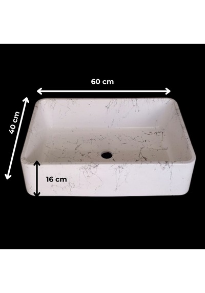 Mermer Desenli Tezgah Üstü Çiftlik Model Taş Lavabo 60 X 40 Cm Beyaz