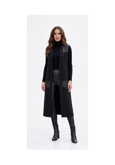 Onno Style Woman Likralı Viskon Penye Derili Taşlı Uzun Kadın Yelek Siyah