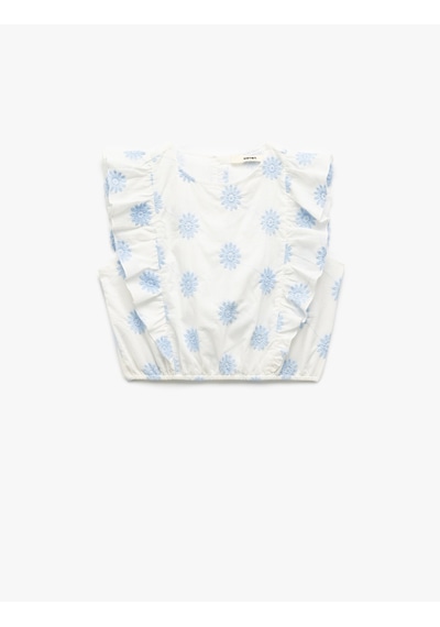 Koton Pamuklu Bisiklet Yaka Kolsuz Çiçek Nakışlı Kolsuz Crop Bluz Mavi Desenli 5skg60067aw Mavi