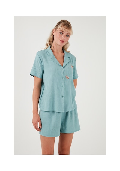 Lela Gömlek Yaka Beli Lastikli Kısa Kollu Şortlu Bayan Pijama Takımı 611Pt00123 Mint