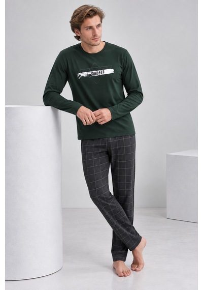 Pijamask Erkek Haki Yeşil Baskılı Üst Siyah Ekose Alt Uzun Kollu Pijama Takımı Haki