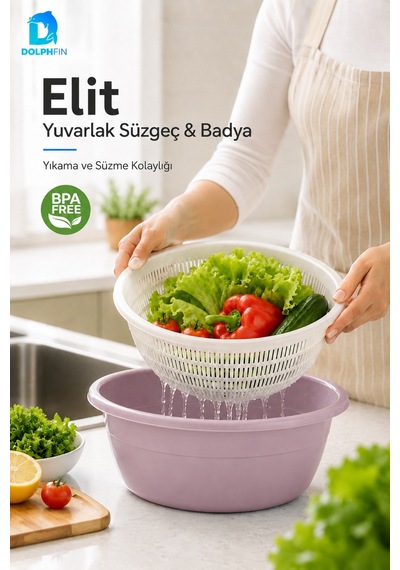 Elit Yuvarlak Süzgeç Ve Badya Seti Bpa Free Beyaz - Mavi