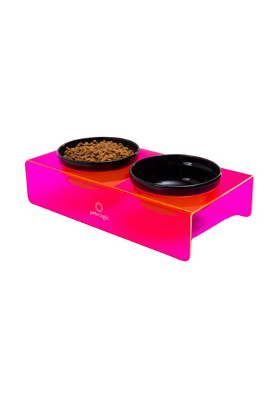 Petmagic Akrilik Pleksi Evcil Hayvan Siyah Seramik Kaseli İkili Kedi Ve Köpek Mama Su Kabı Neon Kırmızı