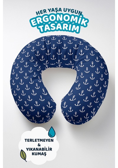 Lacivert Çapa Desenli Boyun Yastığı - Deniz Temalı Beyaz Mavi Seyahat Yastığı Soluk Adaçayı Bakır