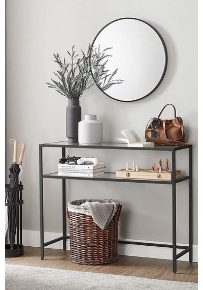Modern 2 Katlı Siyah Renk Metal Iskeletli Cam Raflı Dresuar Konsol Modern 2 Katlı Siyah Renk Metal Iskeletli Cam Raflı Dresuar Konsol