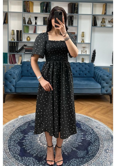 Madmext Siyah Desenli Belden Lastikli Midi Elbise - Mg2101 Siyah