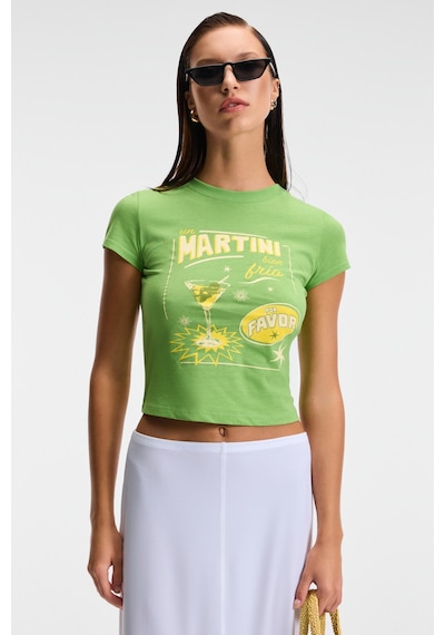 Grımelange TESSIRA Kadın %100 Pamuk Bisiklet Yaka Baskılı Slim Fit Yeşil T-Shirt