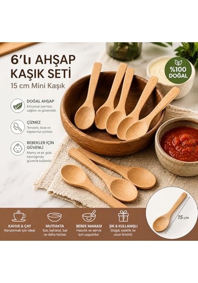 6 Lı Küçük Ahşap Kaşık Seti 15 Cm Doğal Ahşap Mini Kaşık Karıştırma Tadım Baharat Sos Servisi Bebek Besleme İçin Isıya Dayanıklı Tencere Çizmez Ergonomik Sağlıklı Mutfak Kaşığı Seti