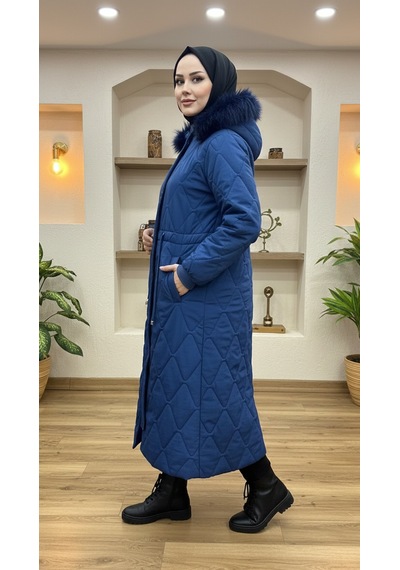 Eslemnur Belden Bağcıklı Şişme Mont 115cm Krinkıl Kumaş Mavi