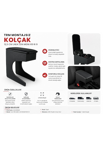 Trm Montajsız Araç Kolçağı 12,5 Cm Saklama Hazneli