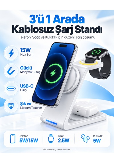 3 Ü 1 Arada Manyetik Kablosuz Şarj Standı 15w Hızlı Şarj, Telefon + Akıllı Saat + Kulaklık