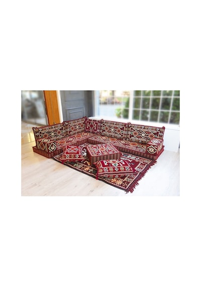 Otantik Şark Köşesi Takımı Bordo Anadolu 13 Parça Kilim Ve Puf Dahil Süngerli Sedir Seti